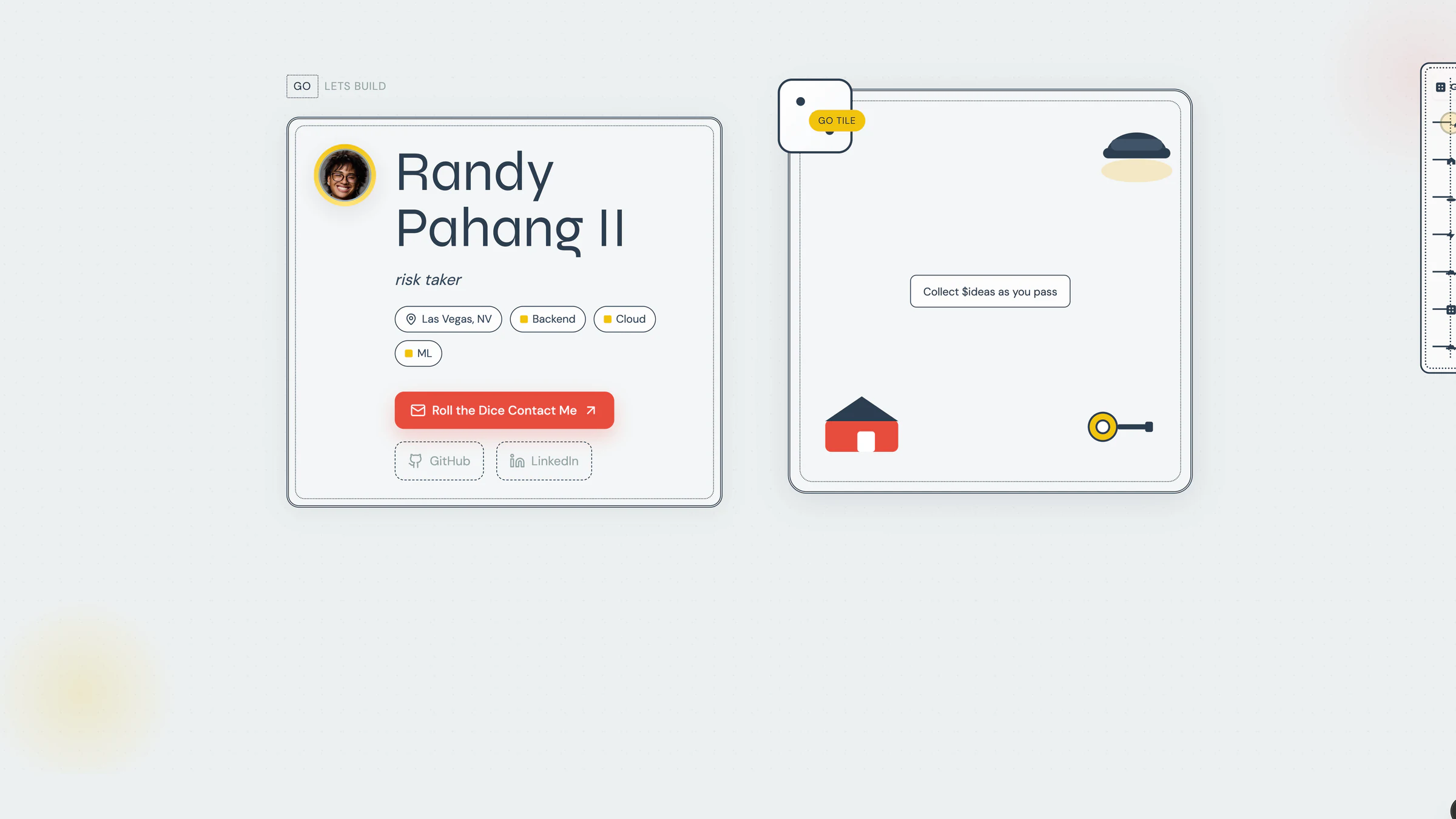 Playful illustrated portfolio with profile and game board panels