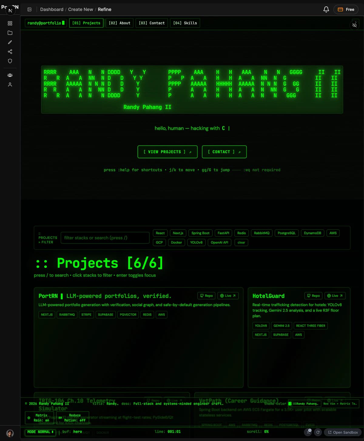 Green terminal-inspired portfolio in a portrait preview