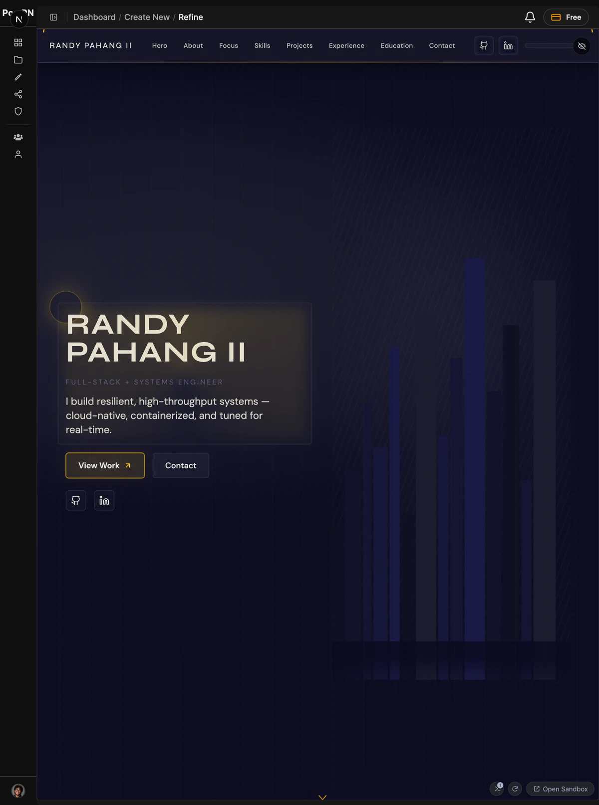 Dark engineering portfolio in a portrait preview