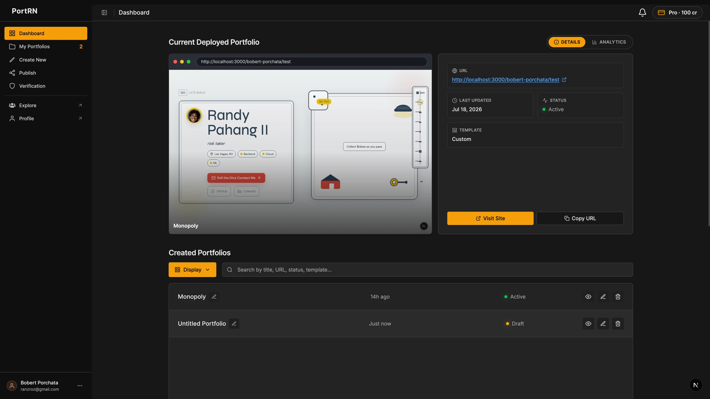 PortRN dashboard showing published portfolios and site details